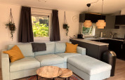 Moderne chalet met lichte sofa, gele kussens, hangplanten en open keuken in Nederland.