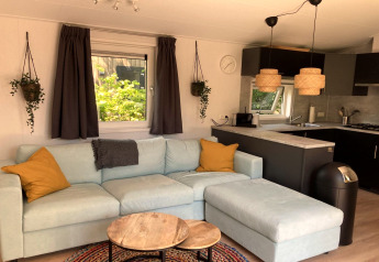 Lys, moderne stue og køkken i chalet med sofa, gul puder og hængende planter i Holland.