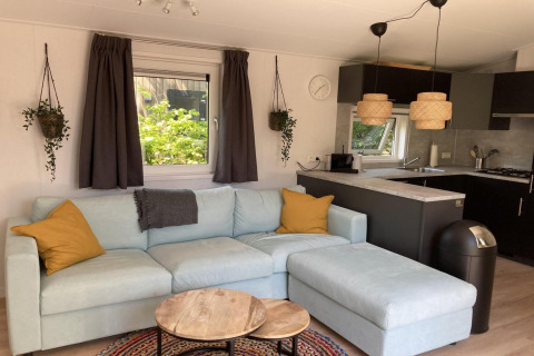 Salon moderne de chalet avec canapé clair, coussins jaunes, plantes suspendues et cuisine aux Pays-Bas.