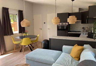 Chalet moderne aux Pays-Bas avec chaises jaunes, suspensions en rotin et cuisine ouverte sur salon confortable.