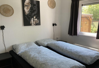 Chambre d’un chalet moderne aux Pays-Bas avec deux lits simples, œuvres murales et vue sur le jardin.