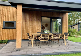 Moderne lodge med overdækket veranda, træmøbler og elegant design, beliggende i det grønne Holland.