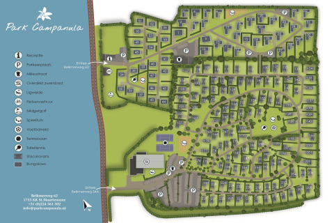 Karte von Park Campanula nahe Sint Maartenszee Strand mit Details zu Unterkünften und Freizeitangeboten.