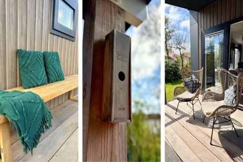 Espace extérieur du chalet près de la plage Sint Maartenszee aux Pays-Bas avec banc, coussins et nichoir.
