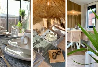 Tavolo da pranzo apparecchiato nel beach house Chalet a Sint Maartenszee vicino a Sandy Beach, con luce naturale.