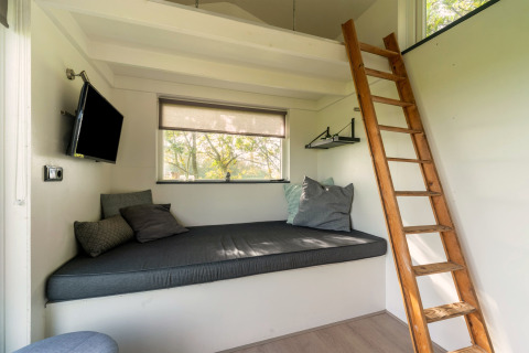 Knusse woonruimte in een tiny house in Nederland met slaapzolder, grijze sofa en houten ladder.