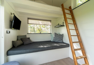 Interior acogedor de una tiny house en los Países Bajos con sofá, cama en altillo y escalera de madera.