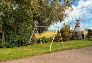 Tuin met schommel, gazon en landelijke uitzichten bij Tiny House in Nederland onder blauwe lucht.