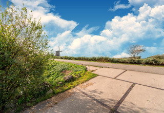 Landschap met weg, windmolen en bomen nabij Tiny House in Nederland onder een blauwe hemel met wolken.