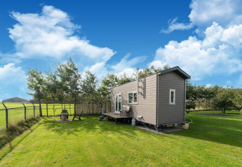 Tiny house sur roues aux Pays-Bas, installée sur une pelouse avec terrasse et arbres tout autour sous ciel bleu.