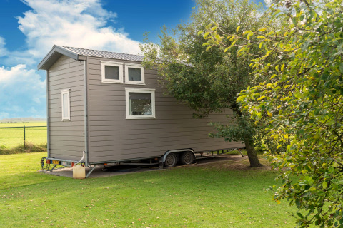 Een tiny house op wielen geparkeerd op gras naast bomen onder een blauwe lucht in Nederland.