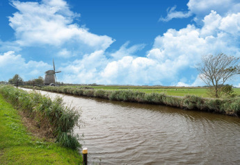 Belle vue sur un canal, des prés verts et un moulin néerlandais près d’une Tiny House aux Pays-Bas.