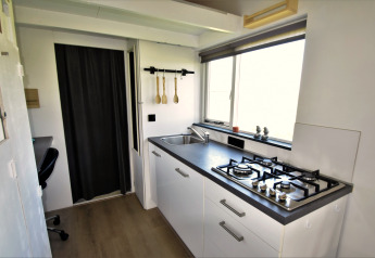 Moderne keuken in een tiny house in Nederland met gaskookplaat, spoelbak en groot raam met uitzicht.