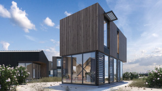 Casa de playa moderna en Sea Lodges Zandvoort 4, con revestimiento de madera y grandes ventanales.