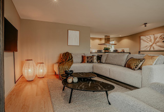 Modernes Wohnzimmer auf dem Hausboot Waterpark de Meerparel 5 in den Niederlanden mit gemütlichem Sofa.