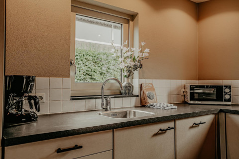 Cocina moderna con fregadero, cafetera, horno y jarrón de flores en la casa flotante de Meerparel 5.