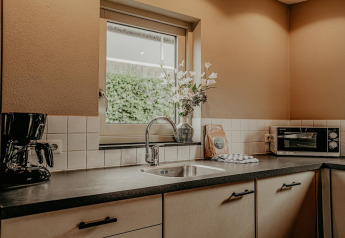 Modern kitchen with sink, coffee maker, oven, and flower vase on houseboat Waterpark de Meerparel 5.