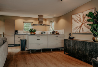 Cocina y sala modernas en la casa flotante Waterpark de Meerparel 5, elegantemente decorada en Países Bajos.