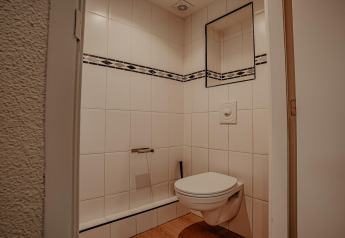 Compact bathroom with wall-mounted toilet, decorative tile border, mirror and wooden floor on a houseboat.