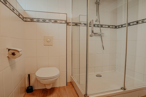 Baño con inodoro suspendido, mampara de ducha de vidrio y suelo imitación madera en casa flotante holandesa.