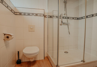 Badkamer met wandtoilet, glazen douche en vloer in houtlook op een woonboot in Nederland.