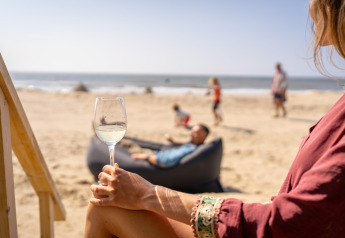 Vrouw ontspant met een glas wijn bij het strandhuis terwijl anderen loungen en spelen aan zee.