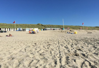 Beach scene with people, small beach houses, and red flags under a clear blue sky on a sunny day.