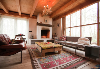 Cozy living area in De Schone Leij cabin, Netherlands, featuring fireplace, wooden beams, and large windows.