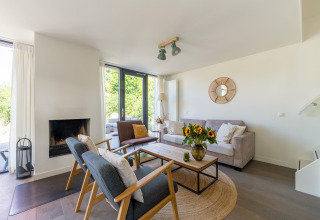 Sala de estar con muebles modernos, chimenea, grandes ventanas y girasoles en Holiday home Waterland, Países Bajos.