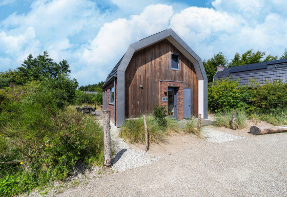 Casa vacanze Waterland per sei persone, facciata moderna in legno, circondata dalla natura e sentiero di ghiaia.