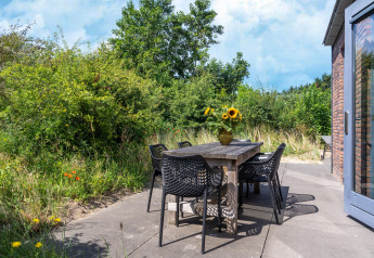 Udendørs spiseområde ved Holiday home Waterland for seks personer i Holland, med træbord og blomster.