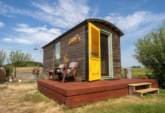 Pequeña casa de madera con puerta amarilla sobre plataforma cerca de la costa holandesa, rodeada de naturaleza.