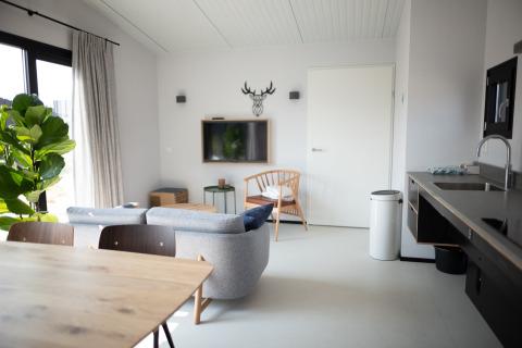 Salón moderno y luminoso en la casa de playa Sea Lodges Zandvoort 1 en Países Bajos, decorado con estilo.