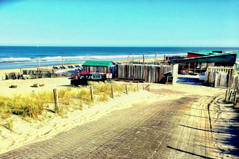 Vista de la casa de playa Sea Lodges «Zandvoort 1» en Países Bajos con arena, mar y tumbonas azules.
