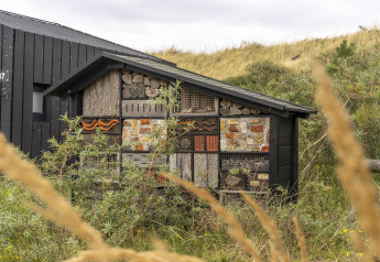 Een insectenhotel staat naast een zwart strandhuis, omgeven door duinen en wilde planten in de natuur.