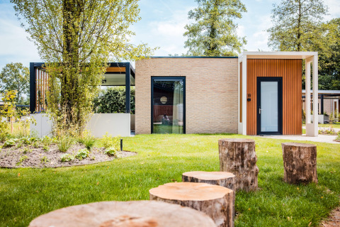 Moderne lodge met boomstammen als zitplekken in een groene tuin, omringd door bomen en licht.