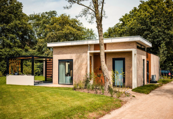 Lodge moderno con grandi finestre, tetto piano e patio, immerso in un giardino verde tra gli alberi.
