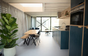 Modernes KĂĽchen- und Esszimmer im Sea Lodges Zandvoort 4 mit groĂźer Pflanze und Tageslicht.