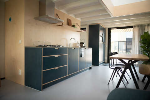 Cocina y comedor modernos en Sea Lodges Zandvoort 4, con decoración elegante y luz natural en los Países Bajos.