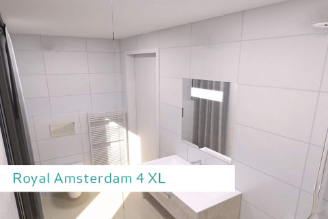 Baño moderno con azulejos claros en la casa Sea Lodges Zandvoort 4 junto a la playa en Países Bajos.