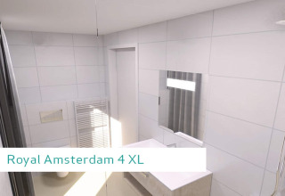 Baño moderno con azulejos claros en la casa Sea Lodges Zandvoort 4 junto a la playa en Países Bajos.