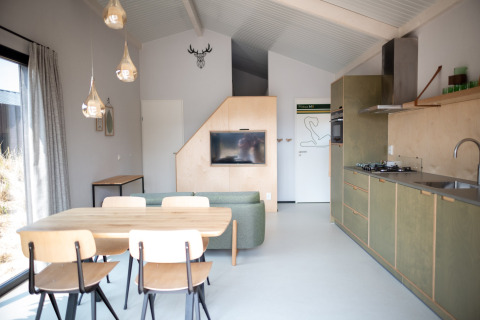 Acogedora sala y cocina en Sea Lodges Zandvoort 3, con mesa de comedor y sofá verde con luz natural.
