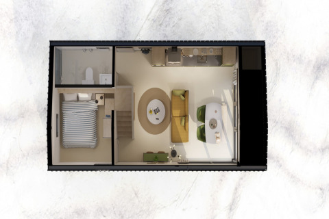 Plano de Sea Lodges Zandvoort 3, casa de playa en Países Bajos, con dormitorio, baño y sala de estar.