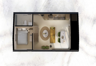 Plano de Sea Lodges Zandvoort 3, casa de playa en Países Bajos, con dormitorio, baño y sala de estar.