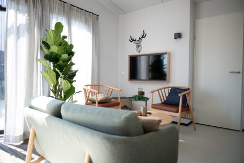 Salón luminoso con sofá verde, planta y TV en la pared en Sea Lodges Zandvoort 9, Países Bajos.