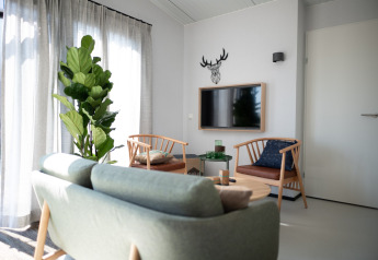 Helles Wohnzimmer mit grĂĽner Couch, Sessel, Wand-TV und groĂźer Pflanze in Sea Lodges Zandvoort 9, Niederlande.