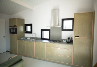 Cocina moderna de casa de playa con armarios verdes, horno, estufa y ventanas en Zandvoort, Países Bajos.