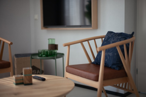 Sala de estar moderna con silla de madera, cojín azul, mesa de cristal y TV en Sea Lodges Zandvoort 9, Países Bajos.