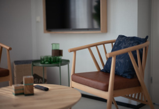 Sala de estar moderna con silla de madera, cojín azul, mesa de cristal y TV en Sea Lodges Zandvoort 9, Países Bajos.