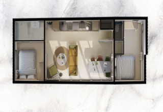 Vista aérea de una casa de playa con dos dormitorios, cocina, baño y una sala de estar interior.